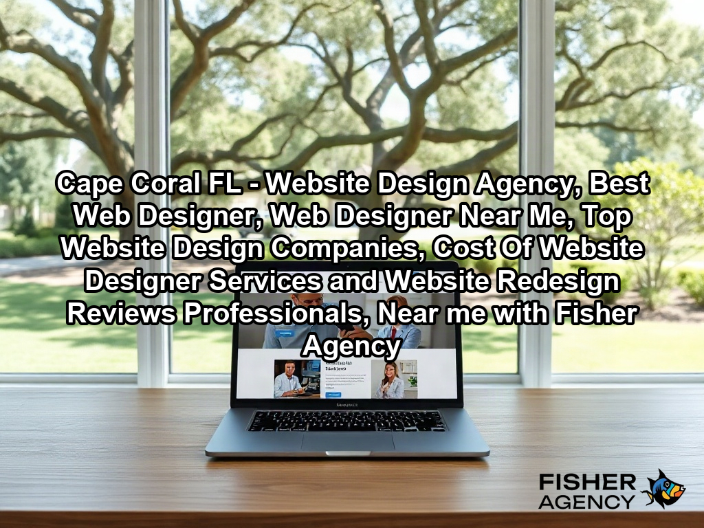 A bright, modern creative studio office with large windows overlooking a manicured suburban landscape with mature oak trees and native greenery. On a clean, minimalist wooden desk, a high-end laptop displays a sleek, fully functional business website on its screen, representing a completed professional design project.