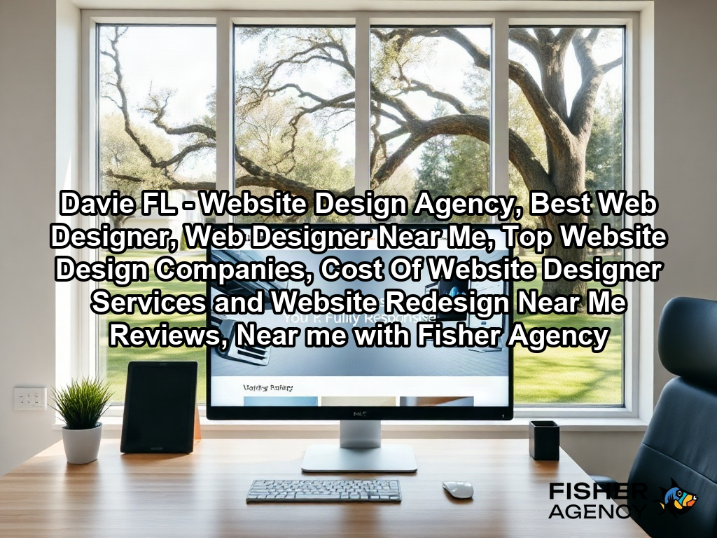 A bright, modern creative office workspace featuring a large, high-resolution computer monitor displaying a sleek, fully responsive website interface on a clean wooden desk. Through the large windows, typical suburban American oak trees and manicured lawn greenery are visible, reflecting a professional environment where digital growth is being achieved.