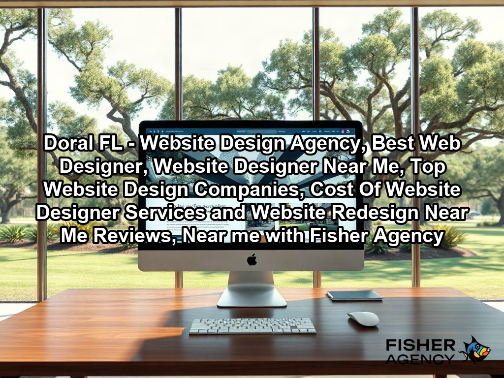 A high-end, modern creative studio office during the day, featuring an open-plan layout with large windows overlooking a manicured landscape with mature oak trees and native shrubs typical of a suburban US business park. A polished, high-resolution computer monitor sits on a clean, minimalist walnut desk, displaying a sophisticated, fully rendered responsive website interface that seamlessly transitions between desktop and mobile layouts.
