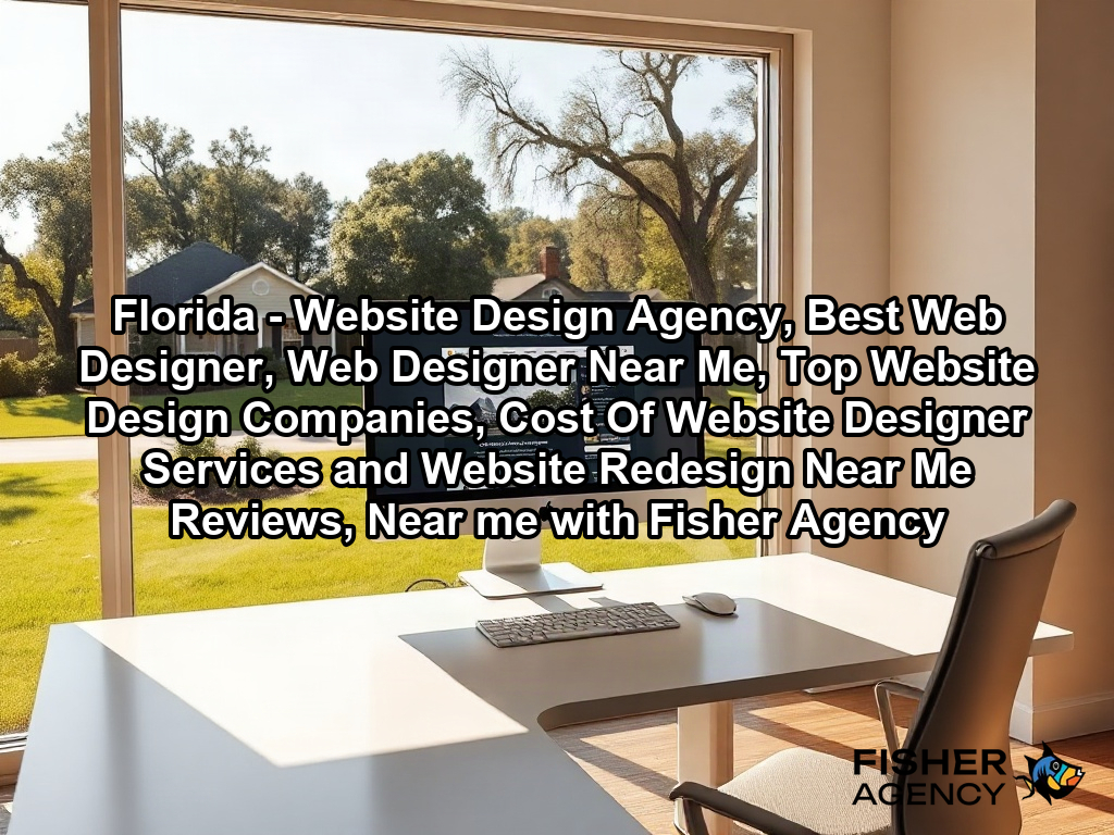 A bright, modern creative office workspace featuring a large, sleek desk with a high-end monitor displaying a sophisticated, clean website interface. Through the large office window, there is a view of a neighborhood with typical American suburban architecture, mature oak trees, and a manicured green lawn under natural daylight.