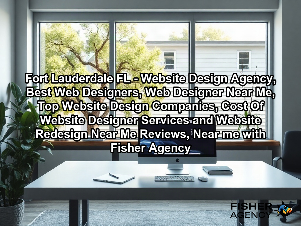 A bright, modern creative office workspace featuring an expansive, clean-lined desk with a high-end computer monitor displaying a sleek, professional website mockup. Through the large office windows, lush green oak trees and the classic horizontal siding typical of a suburban professional building are visible in soft, natural daylight.