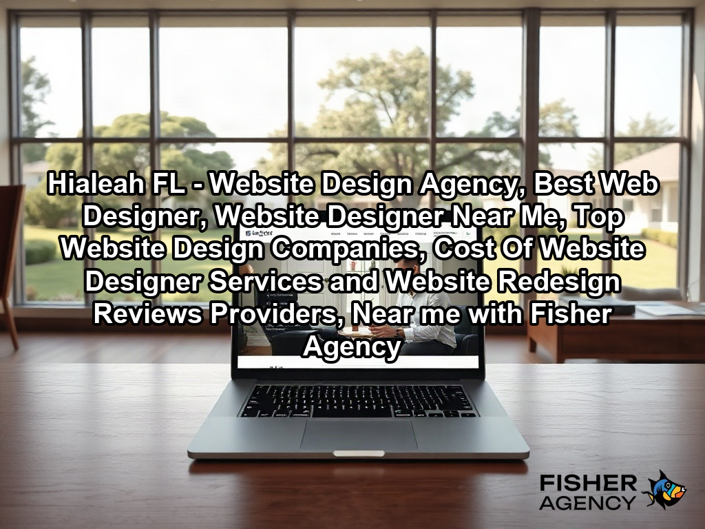 A high-end, modern creative studio office during the day, featuring an open-plan layout with large windows overlooking a manicured lawn with native oak trees and suburban American landscaping. A clean, minimalist mahogany desk sits in the foreground, displaying a sleek, high-resolution laptop screen that clearly shows a polished, modern business website layout with elegant navigation and professional photography.