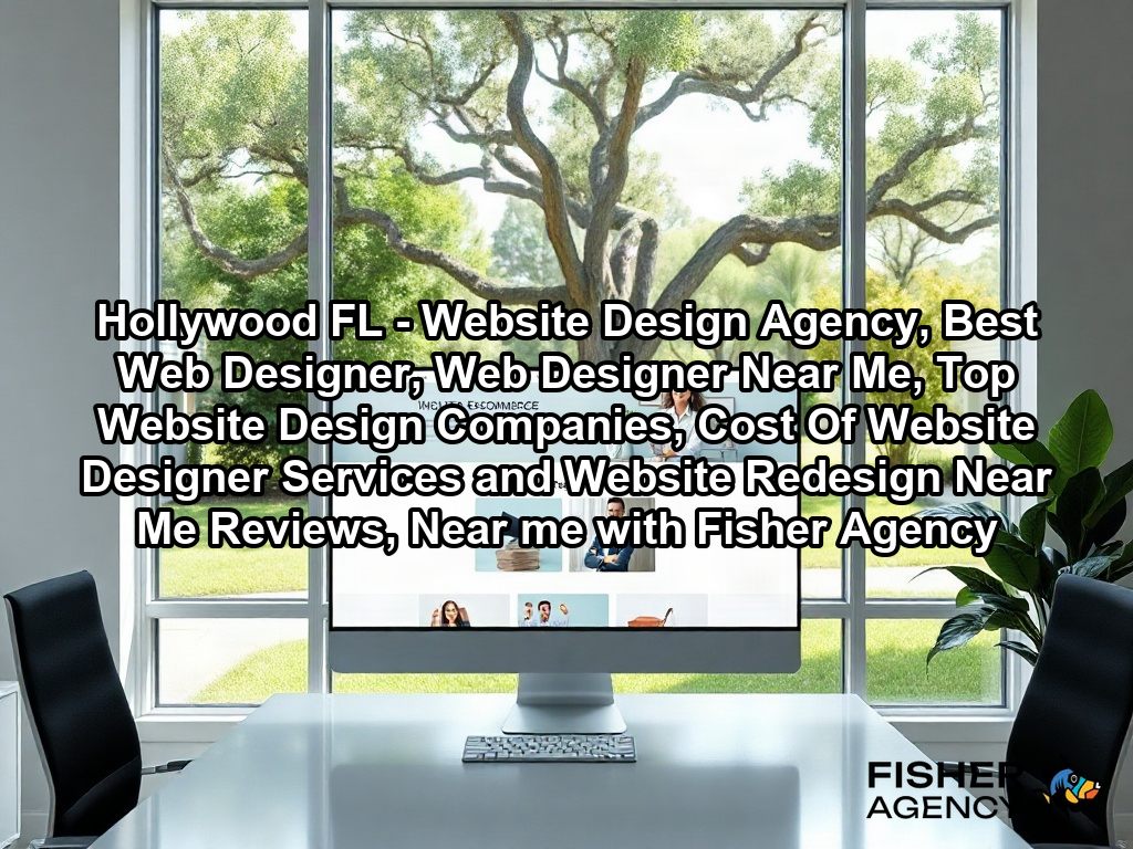 A bright, modern creative office workspace featuring a large, high-resolution desktop monitor displaying a sleek, fully responsive e-commerce website layout with clean typography and professional imagery. The office is located in a contemporary building with large windows overlooking a lush, suburban green space with mature oak trees and manicured landscaping typical of a peaceful US business park setting.