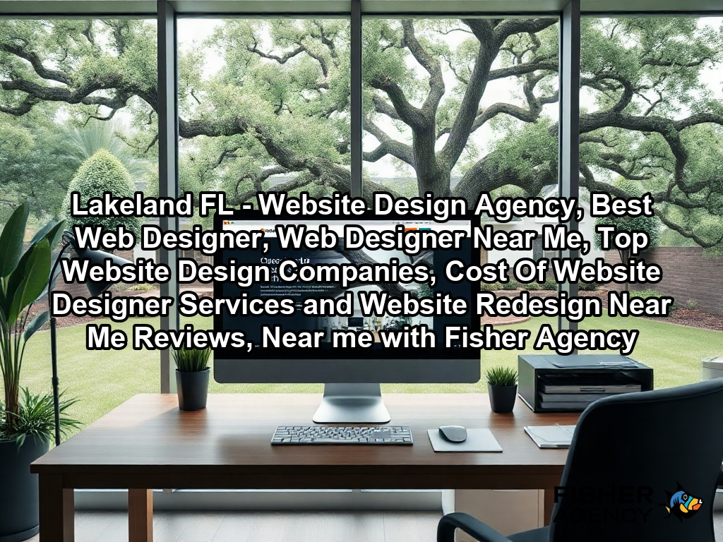 A high-end creative office featuring a sleek, minimalist wooden desk with a large, ultra-sharp computer monitor displaying a sophisticated, modern website layout. The room is filled with soft natural light from a large window looking out onto a lush yard with mature oak trees and manicured green landscaping typical of a suburban professional office building.