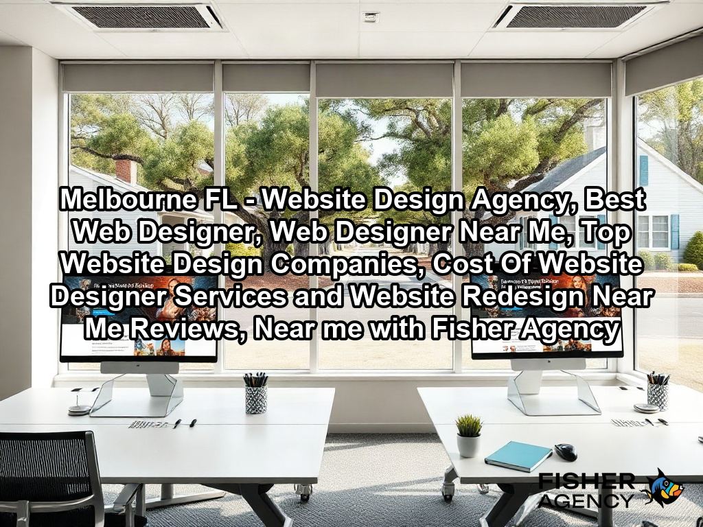 A professional office interior with a bright, open-plan layout featuring clean desks and high-end monitors displaying sophisticated, modern website interfaces. Large windows overlook a suburban street with mature oak trees and traditional American residential architecture, creating a serene and productive workspace that reflects the high-quality digital presence delivered to a business.
