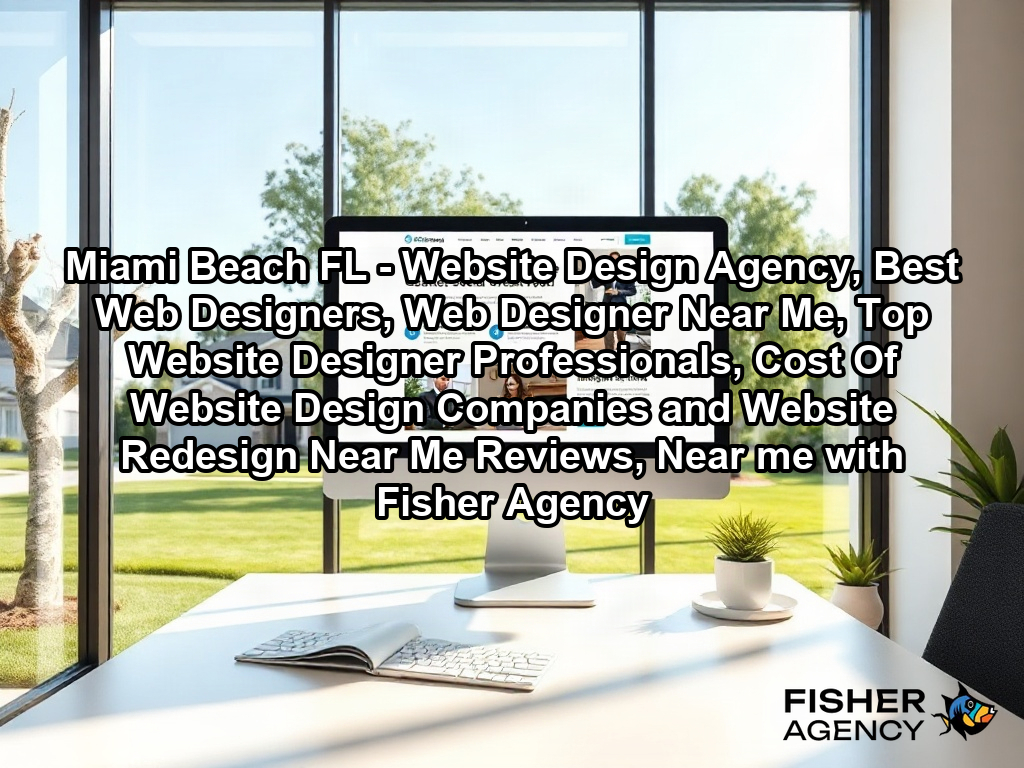 A bright, modern creative office space features a large, high-resolution desktop monitor displaying a sleek, fully functional business website with a clean interface. Through the large office window, suburban US-style landscaping with native oak trees and green lawns is visible, emphasizing a professional yet approachable atmosphere.