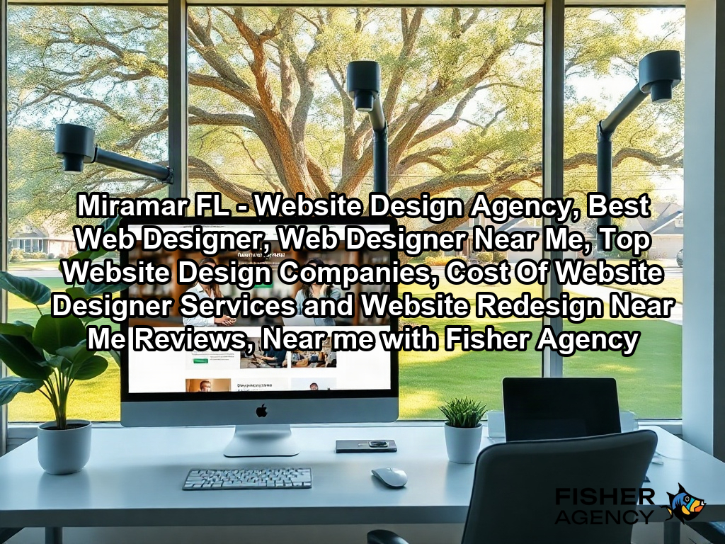 A bright, modern creative office workspace featuring a large, high-resolution computer monitor displaying a sleek, fully developed professional website layout on a clean desk. Through the large office window, the exterior view shows a suburban US neighborhood with mature oak trees and a quiet, manicured green lawn in natural afternoon sunlight.
