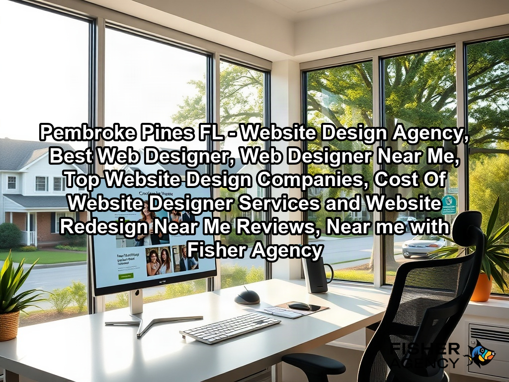 A bright, modern creative office workspace featuring an ergonomic desk with a high-resolution monitor displaying a clean, professional business website interface. Large windows overlook a neighborhood with traditional American colonial-style homes and lush green oak trees, showing a quiet, sunlit afternoon setting.