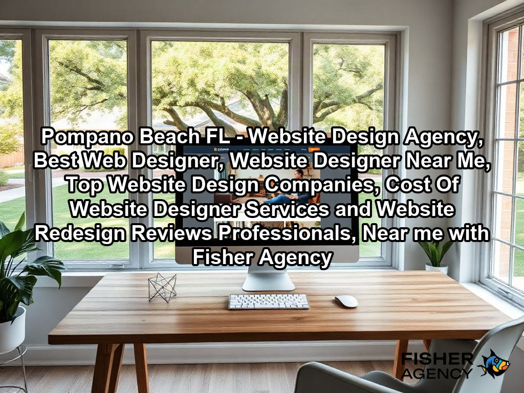 A bright, modern creative studio featuring a sleek, minimalist wooden desk with a high-end desktop computer displaying an elegant, fully responsive business website on its screen. Large windows look out onto a manicured suburban yard with lush green lawns and native oak trees typical of a temperate US climate, with soft, natural afternoon sunlight filling the workspace.