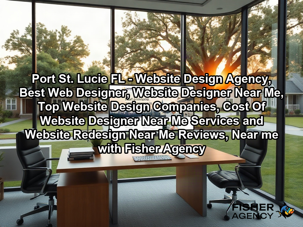 A high-end, modern creative agency workspace featuring a large, uncluttered desk with a high-resolution desktop monitor displaying a sleek, fully developed corporate website interface. Large windows overlook a neighborhood of well-maintained, classic suburban American homes with mature oak trees and vibrant green lawns, bathed in the soft, natural afternoon light of a quiet office environment.