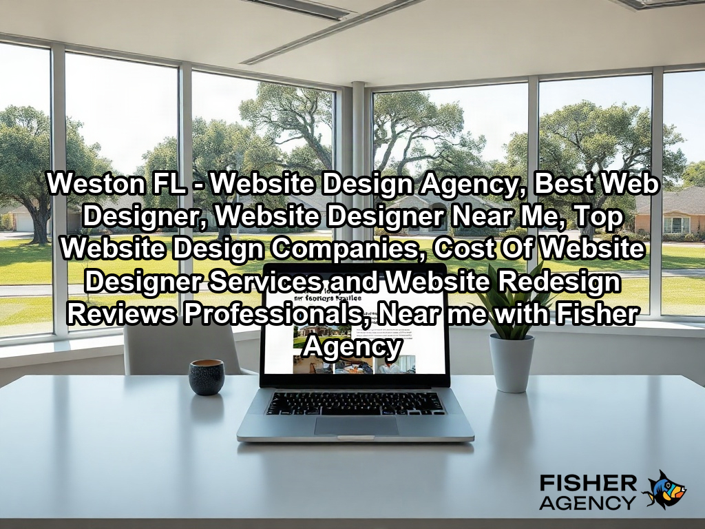 A modern, light-filled creative studio office featuring a sleek, minimalist desk setup where a high-end laptop displays a sophisticated, fully rendered business website on its screen. Large windows look out onto a manicured suburban landscape with mature oak trees and lush green lawns typical of a professional US office park setting, capturing the finished, polished outcome of a digital presence.