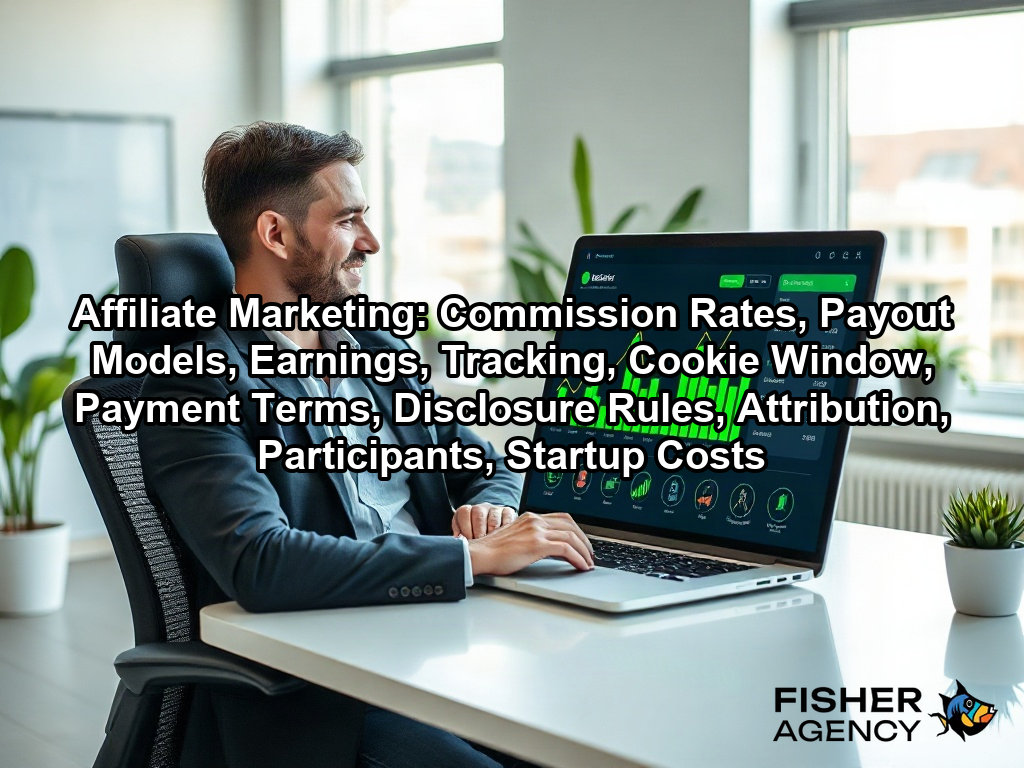 An entrepreneur monitors rising commission charts on a laptop to track successful affiliate marketing campaign growth on a page about Affiliate Marketing: Commission Rates, Payout Models, Earnings, Tracking, Cookie Window, Payment Terms, Disclosure Rules, Attribution, Participants, Startup Costs