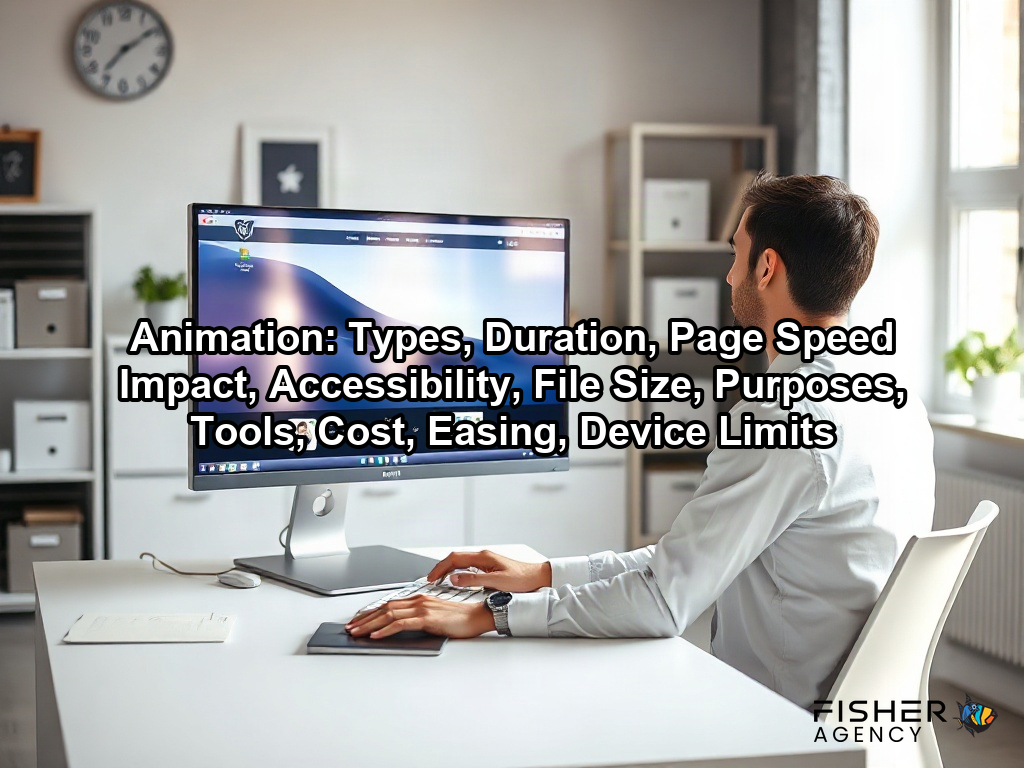 A web designer works on a sleek interface to refine fluid animation that enhances the user experience of a modern website on a page about Animation: Types, Duration, Page Speed Impact, Accessibility, File Size, Purposes, Tools, Cost, Easing, Device Limits
