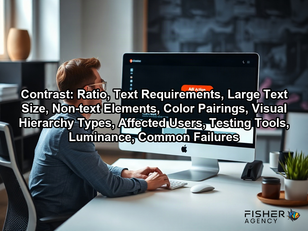 A designer works on a website interface where bold color contrast helps the call to action button stand out for users on a page about Contrast: Ratio, Text Requirements, Large Text Size, Non-text Elements, Color Pairings, Visual Hierarchy Types, Affected Users, Testing Tools, Luminance, Common Failures