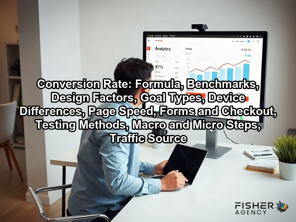 A UX designer reviews web analytics on a monitor to show how high quality website design increases conversion rate on a page about Conversion Rate: Formula, Benchmarks, Design Factors, Goal Types, Device Differences, Page Speed, Forms and Checkout, Testing Methods, Macro and Micro Steps, Traffic Source