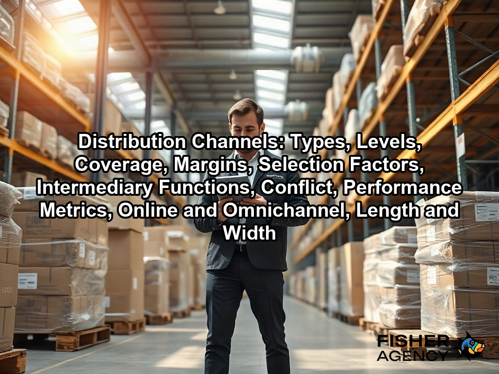 A logistics manager reviews inventory in a modern warehouse to illustrate how effective distribution channels function on a page about Distribution Channels: Types, Levels, Coverage, Margins, Selection Factors, Intermediary Functions, Conflict, Performance Metrics, Online and Omnichannel, Length and Width