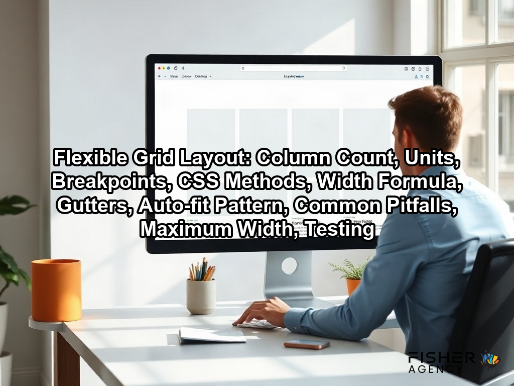 A designer works at a desk where a monitor demonstrates how a flexible grid layout adapts website content across devices on a page about Flexible Grid Layout: Column Count, Units, Breakpoints, CSS Methods, Width Formula, Gutters, Auto-fit Pattern, Common Pitfalls, Maximum Width, Testing