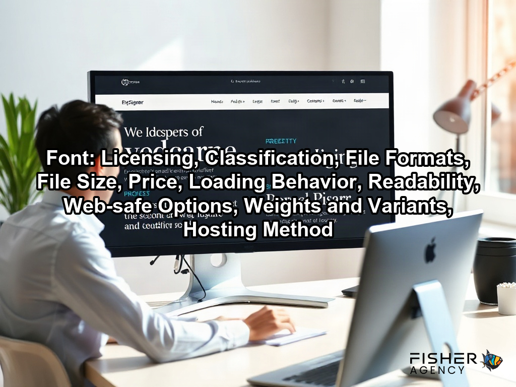 A web designer evaluates different font styles on a screen to ensure professional readability for a website project on a page about Font: Licensing, Classification, File Formats, File Size, Price, Loading Behavior, Readability, Web-safe Options, Weights and Variants, Hosting Method