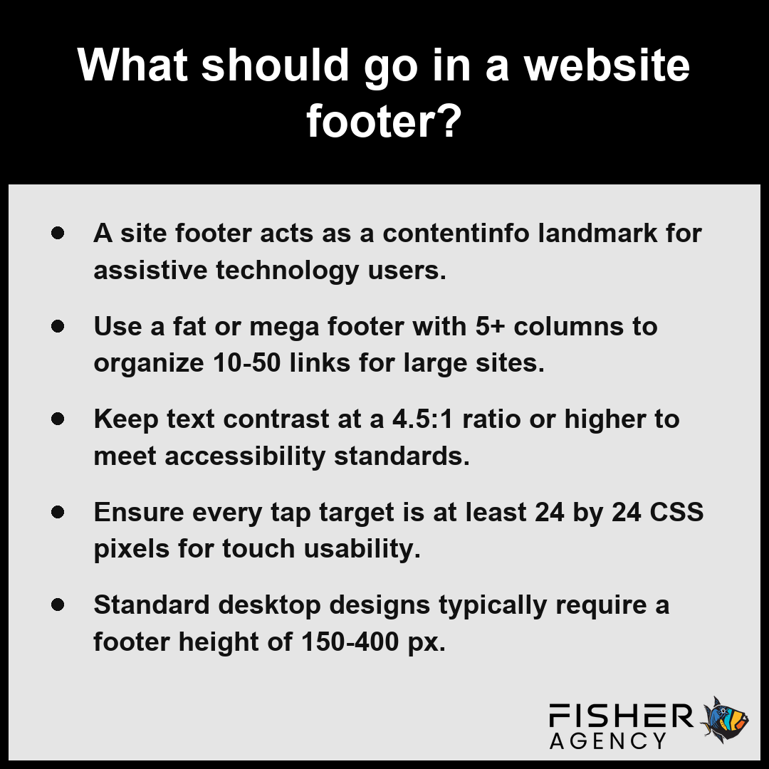 This card summarizes essential design standards to help you build a functional footer that improves website usability.