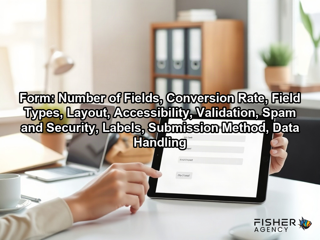 A designer reviews a clean digital contact form on a tablet to ensure intuitive website design and high user conversion on a page about Form: Number of Fields, Conversion Rate, Field Types, Layout, Accessibility, Validation, Spam and Security, Labels, Submission Method, Data Handling