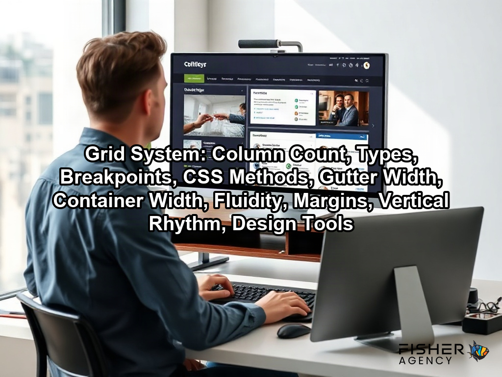 A designer works at a desk where a website interface aligned to a grid system demonstrates how layout structure improves design on a page about Grid System: Column Count, Types, Breakpoints, CSS Methods, Gutter Width, Container Width, Fluidity, Margins, Vertical Rhythm, Design Tools