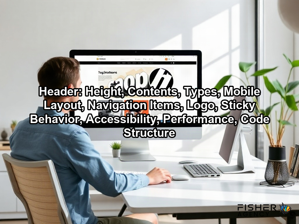 A web designer reviews a well-structured website header on a screen to ensure professional navigation and layout design on a page about Header: Height, Contents, Types, Mobile Layout, Navigation Items, Logo, Sticky Behavior, Accessibility, Performance, Code Structure