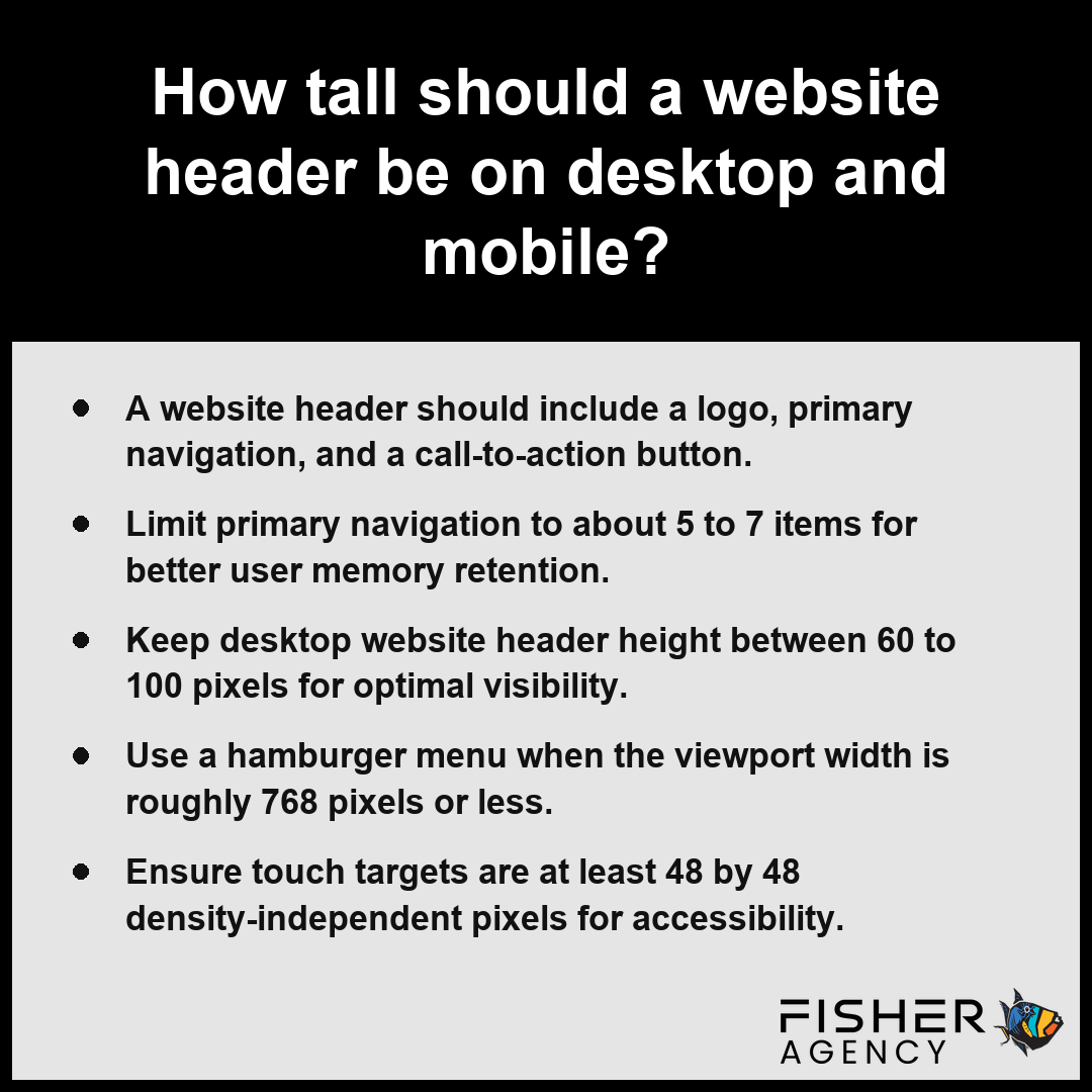 A summary card explains the optimal height and navigation limits for a website header to improve user experience.