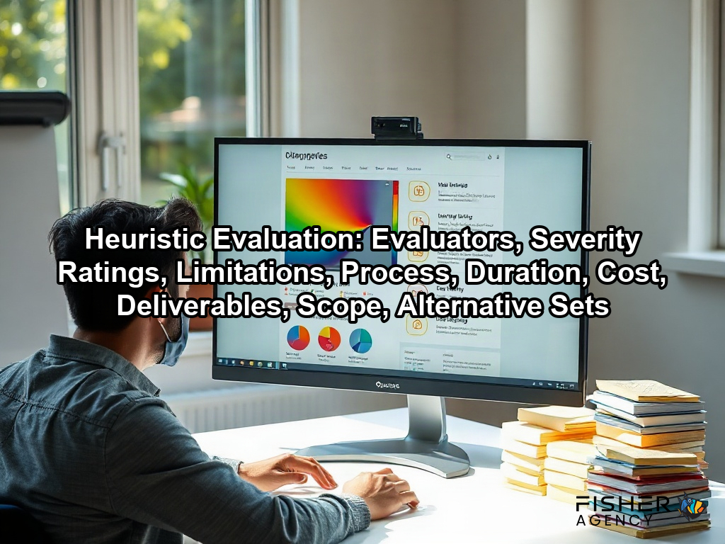 A designer reviews a website interface with usability heatmaps to perform a heuristic evaluation for improved design on a page about Heuristic Evaluation: Evaluators, Severity Ratings, Limitations, Process, Duration, Cost, Deliverables, Scope, Alternative Sets