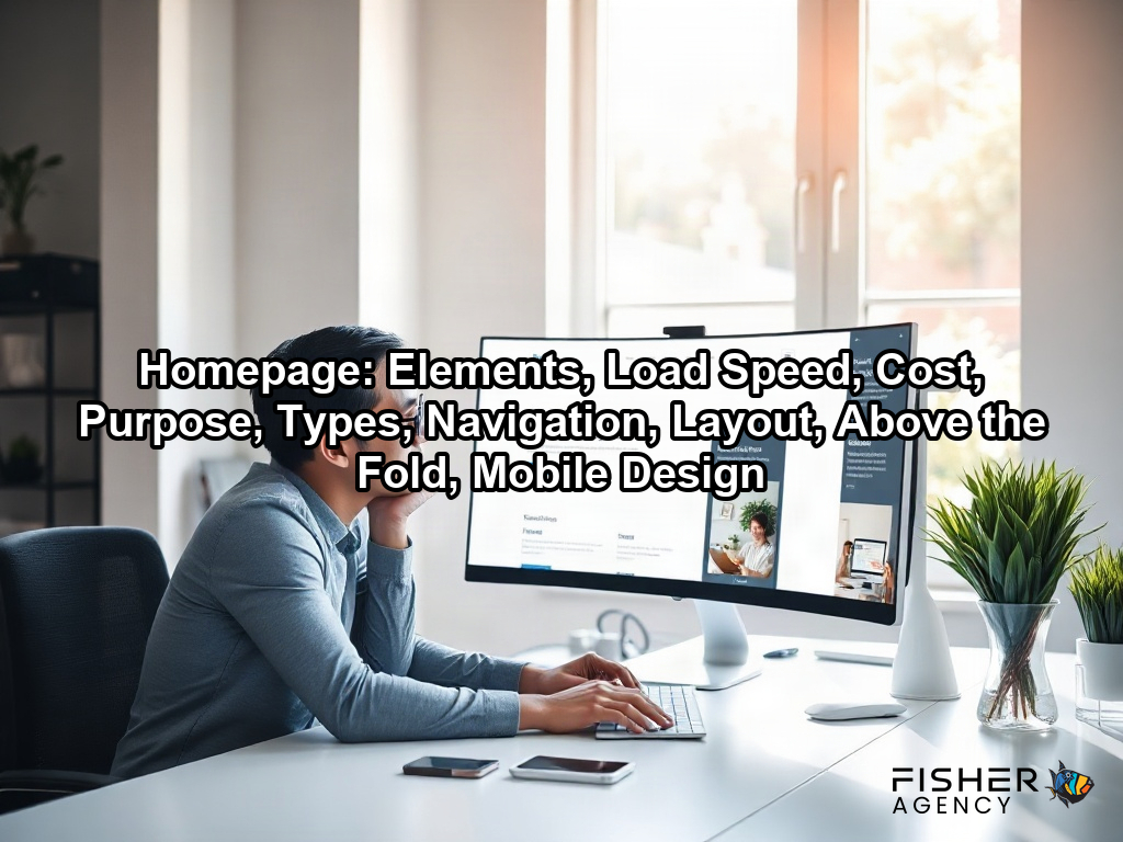 A web designer reviews a sleek homepage on a computer screen to ensure the layout provides an optimal user experience on a page about Homepage: Elements, Load Speed, Cost, Purpose, Types, Navigation, Layout, Above the Fold, Mobile Design