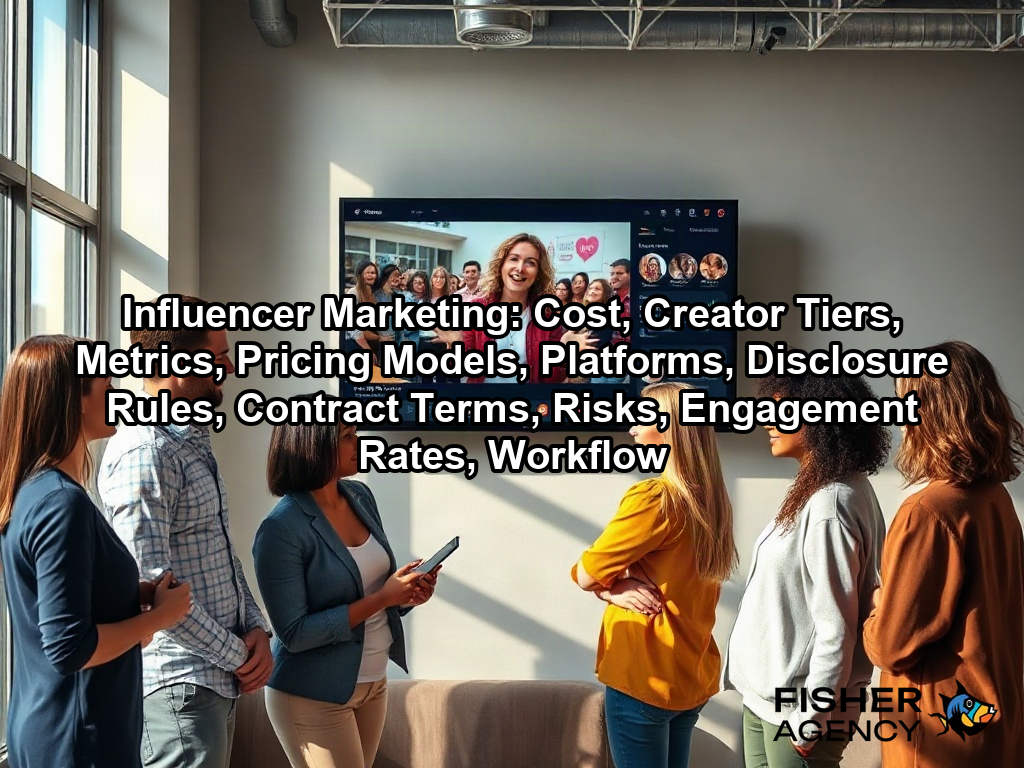 A diverse team uses data from an influencer marketing campaign to plan effective strategies in a bright creative office on a page about Influencer Marketing: Cost, Creator Tiers, Metrics, Pricing Models, Platforms, Disclosure Rules, Contract Terms, Risks, Engagement Rates, Workflow