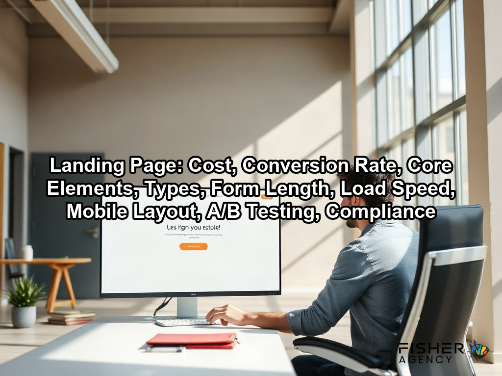 A creative director reviews a modern landing page design on a monitor to ensure it drives successful website conversions on a page about Landing Page: Cost, Conversion Rate, Core Elements, Types, Form Length, Load Speed, Mobile Layout, A/B Testing, Compliance