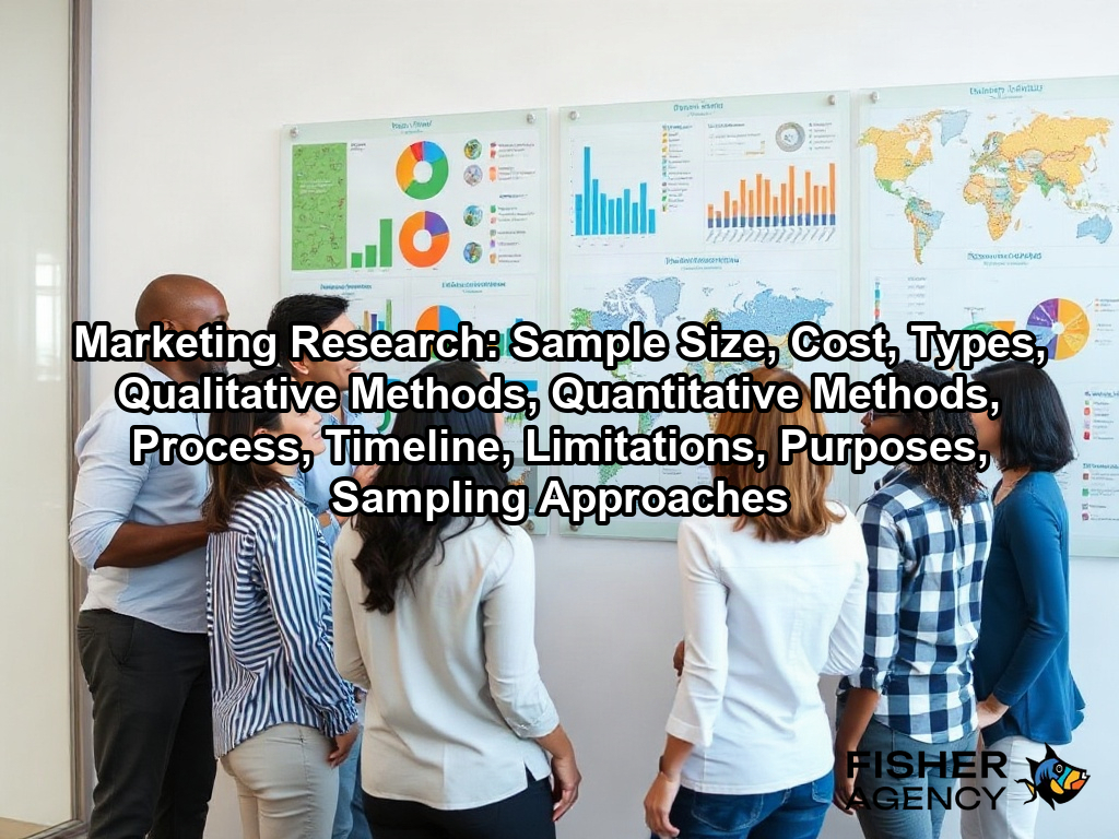 A diverse team collaborates in a modern office to analyze visual data that helps them perform effective marketing research on a page about Marketing Research: Sample Size, Cost, Types, Qualitative Methods, Quantitative Methods, Process, Timeline, Limitations, Purposes, Sampling Approaches