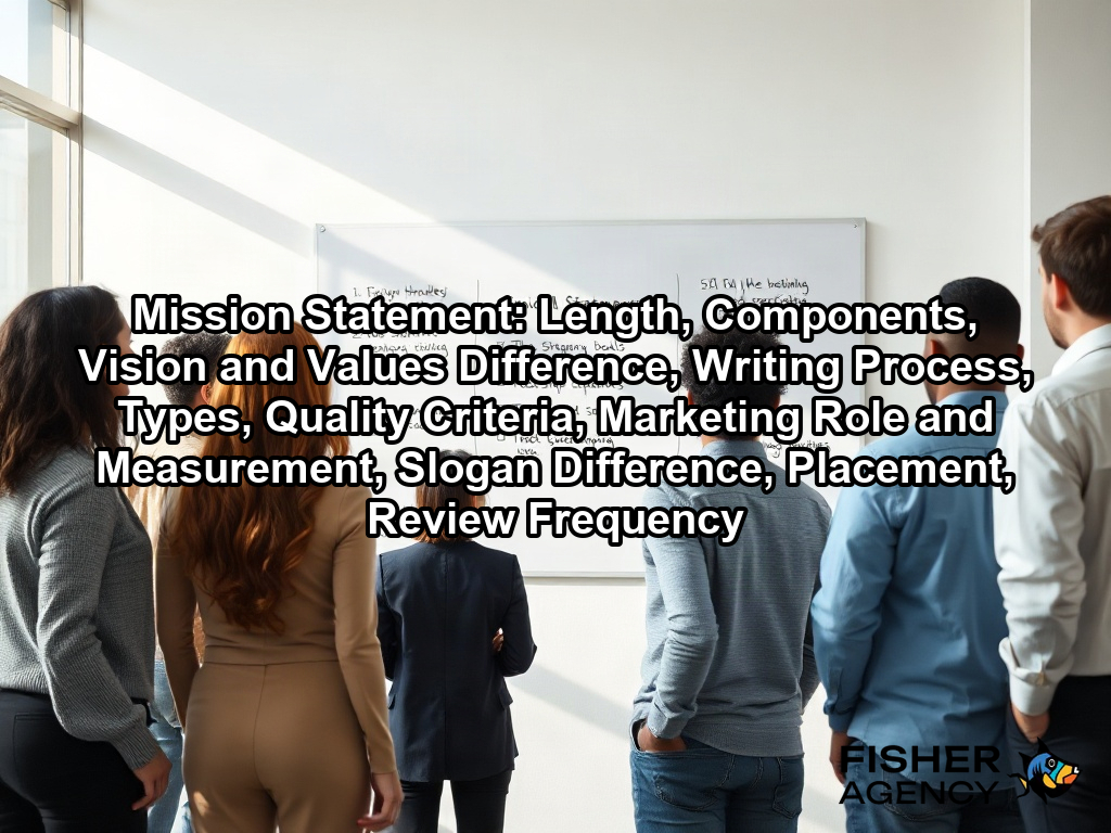 A diverse team collaborates in a modern office to align their marketing goals around a clear company mission statement on a page about Mission Statement: Length, Components, Vision and Values Difference, Writing Process, Types, Quality Criteria, Marketing Role and Measurement, Slogan Difference, Placement, Review Frequency