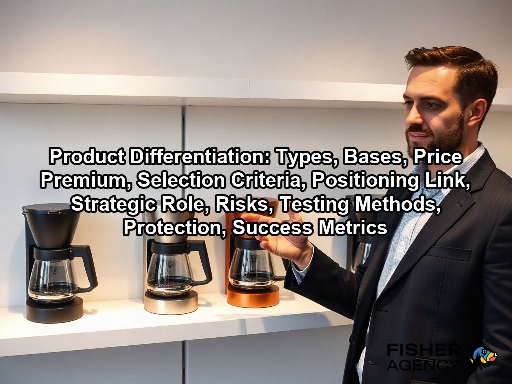 A customer chooses between five identical coffee makers in different finishes to illustrate how product differentiation works on a page about Product Differentiation: Types, Bases, Price Premium, Selection Criteria, Positioning Link, Strategic Role, Risks, Testing Methods, Protection, Success Metrics