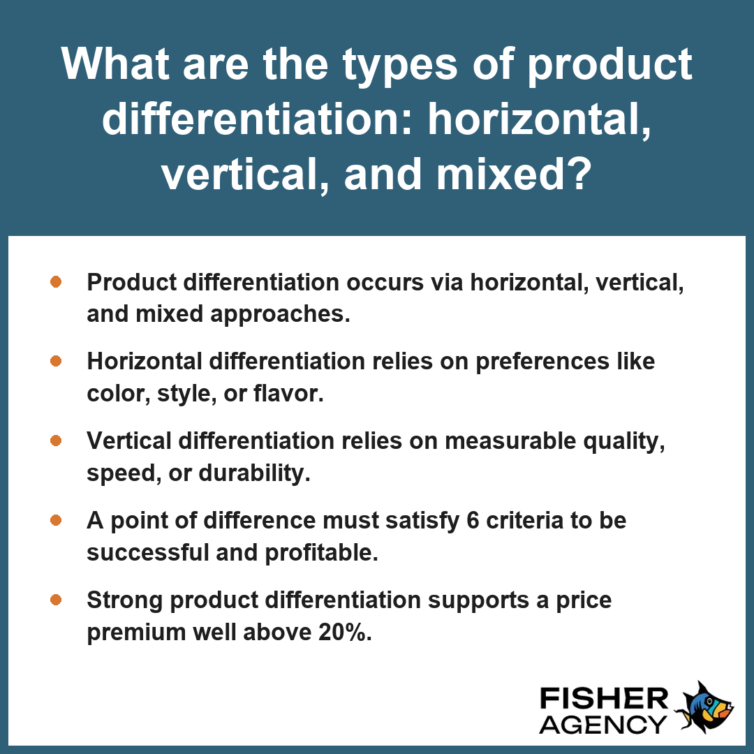 This summary card explains how horizontal and vertical product differentiation categorizes consumer market choices.
