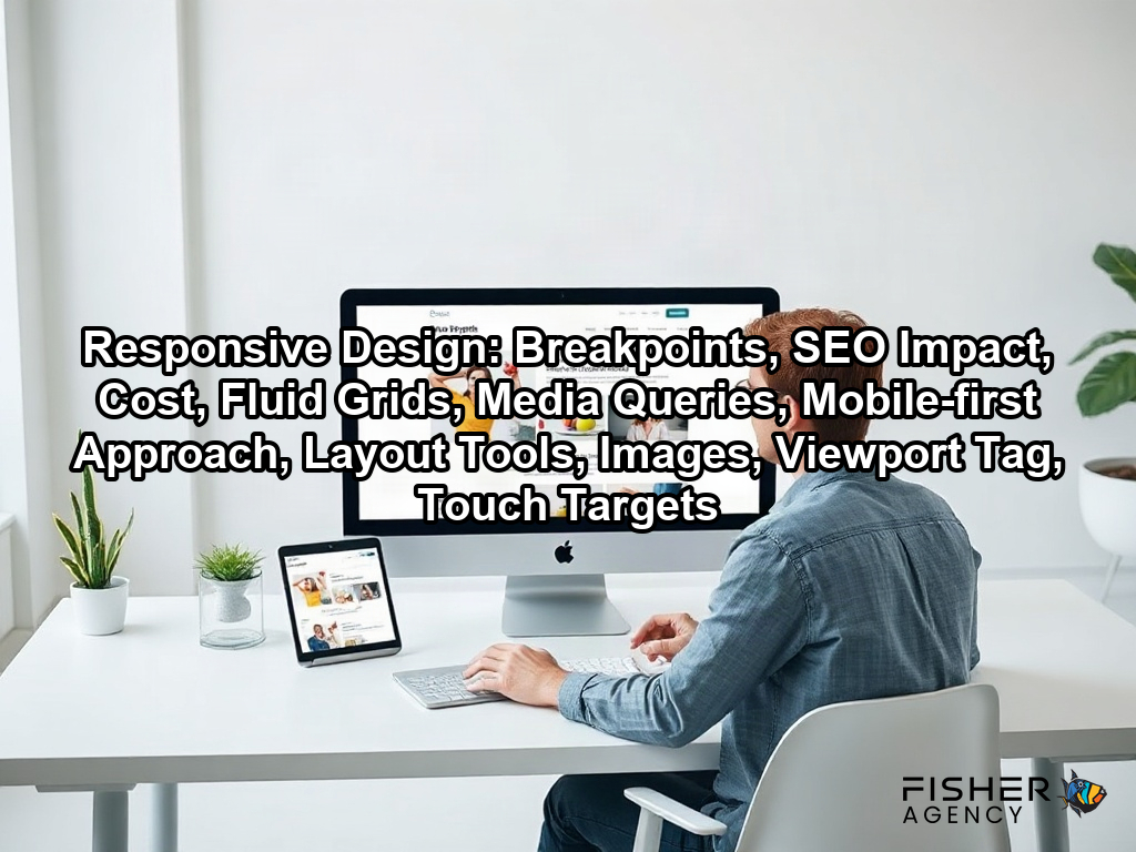A designer reviews a website layout across multiple devices to show how responsive design ensures a seamless user experience on a page about Responsive Design: Breakpoints, SEO Impact, Cost, Fluid Grids, Media Queries, Mobile-first Approach, Layout Tools, Images, Viewport Tag, Touch Targets