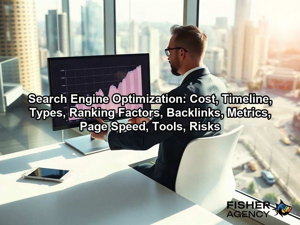A marketing director reviews a rising traffic graph to visualize how search engine optimization drives business growth on a page about Search Engine Optimization: Cost, Timeline, Types, Ranking Factors, Backlinks, Metrics, Page Speed, Tools, Risks