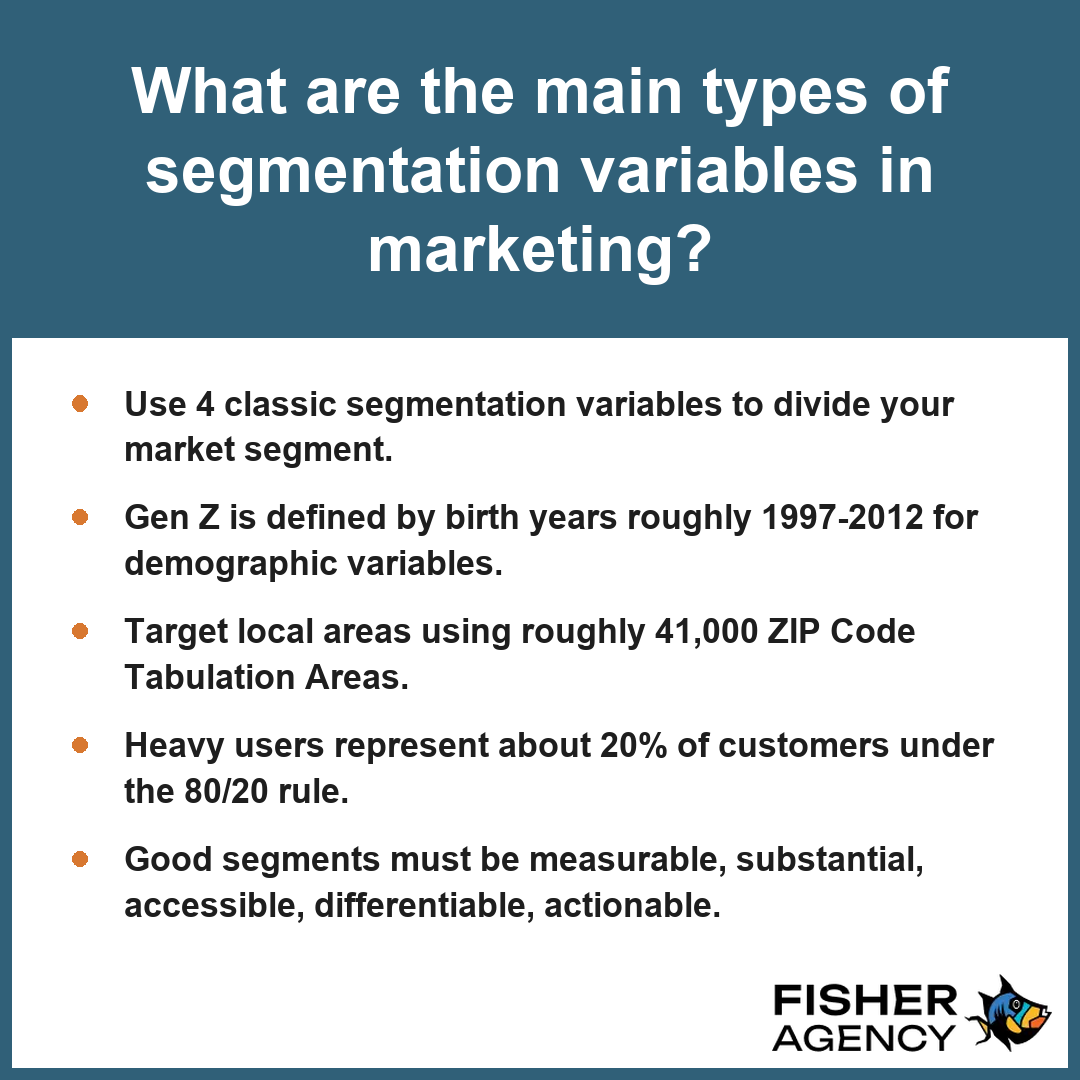 This summary card explains how marketers use segmentation variables to target specific groups based on life stages.