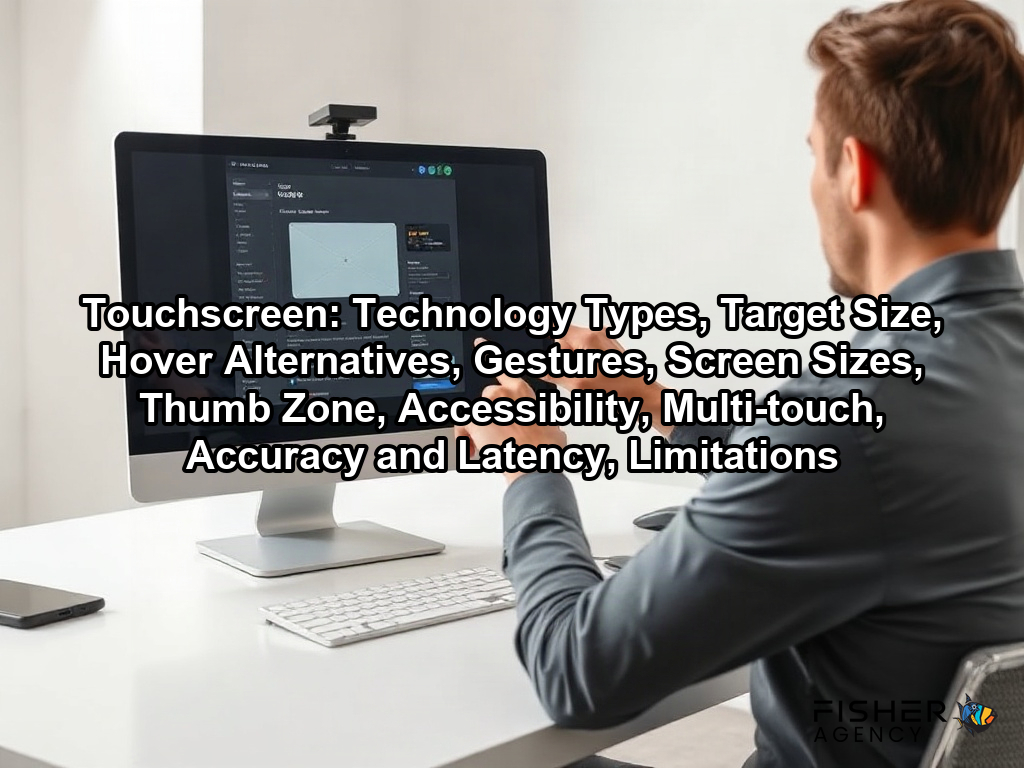 A web designer uses a touchscreen monitor to refine an interface prototype for an intuitive user experience on a page about Touchscreen: Technology Types, Target Size, Hover Alternatives, Gestures, Screen Sizes, Thumb Zone, Accessibility, Multi-touch, Accuracy and Latency, Limitations