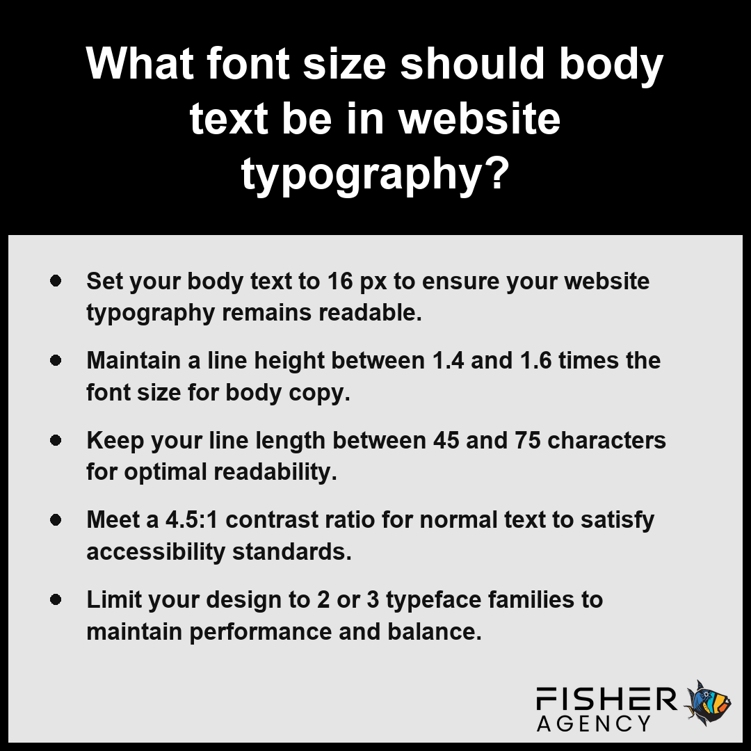This card explains ideal typography settings for body text to help designers achieve better website readability results.