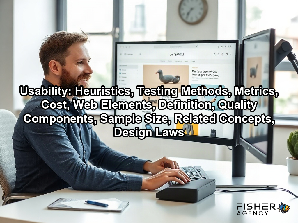 A designer reviews a clean e-commerce interface on a large monitor to ensure excellent website usability for users on a page about Usability: Heuristics, Testing Methods, Metrics, Cost, Web Elements, Definition, Quality Components, Sample Size, Related Concepts, Design Laws