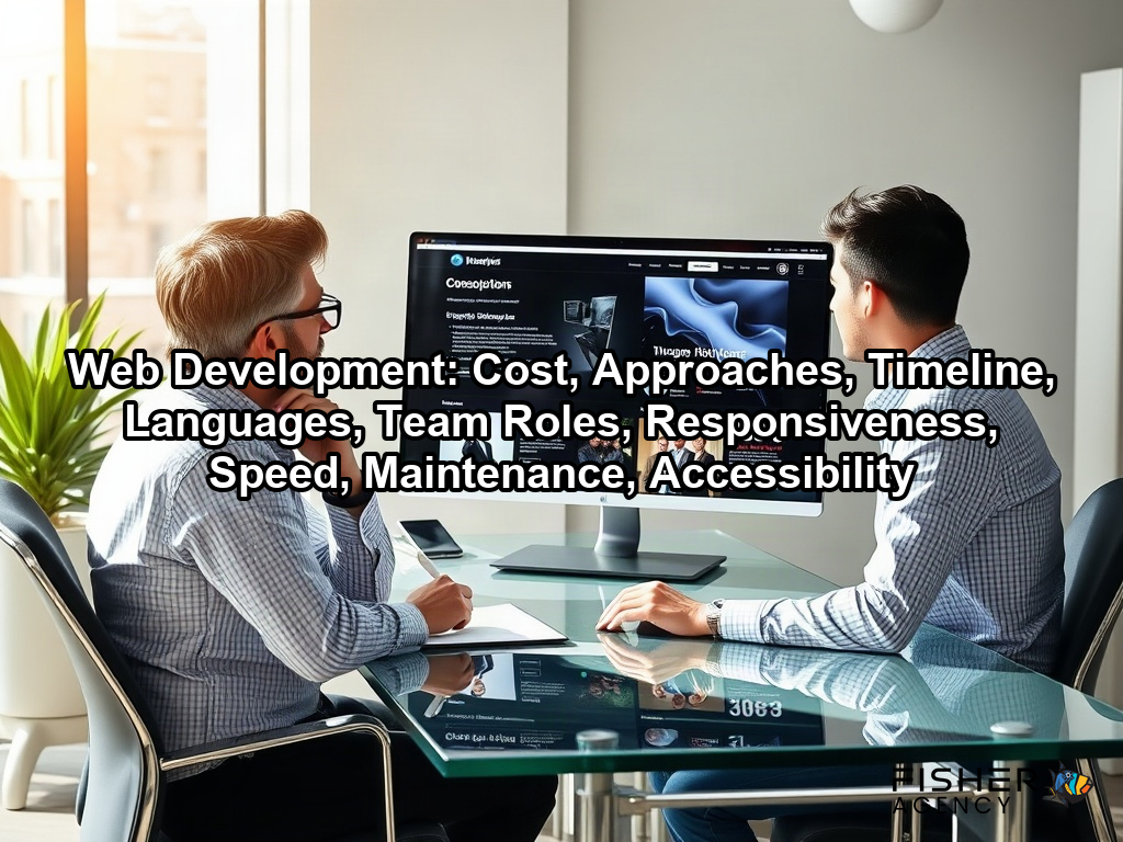 A designer and client review a sleek website interface to ensure professional web development aligns with their design goals on a page about Web Development: Cost, Approaches, Timeline, Languages, Team Roles, Responsiveness, Speed, Maintenance, Accessibility