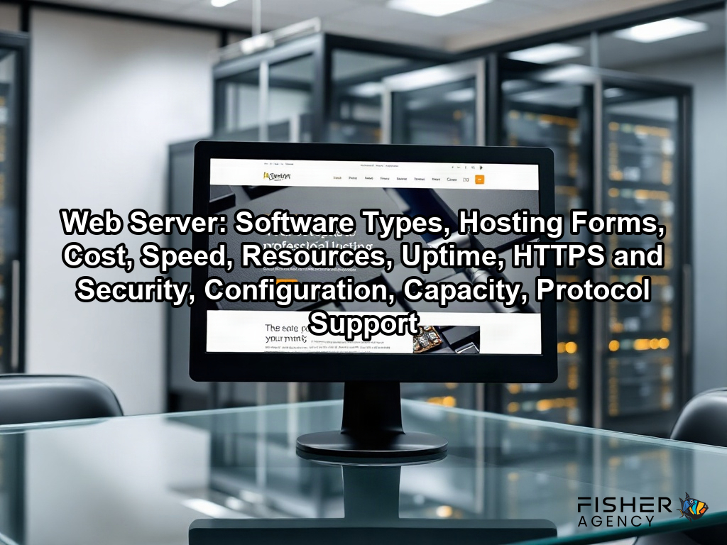 A modern office desktop displays a new website design while a nearby web server provides the necessary hosting infrastructure on a page about Web Server: Software Types, Hosting Forms, Cost, Speed, Resources, Uptime, HTTPS and Security, Configuration, Capacity, Protocol Support